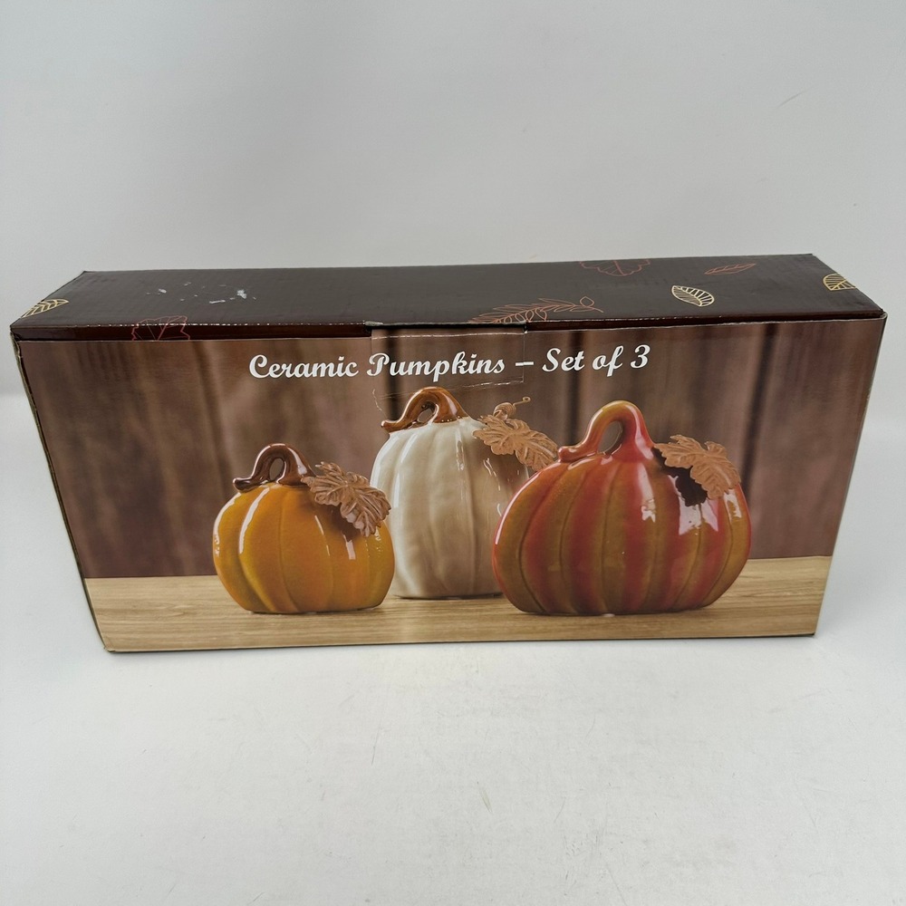 Bed Bath & Beyond Ceramic Pumpkins Set of 3 Orange White Fall Harvest Decor